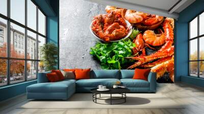 Cooked shrimp, crayfish and crab with parsley. Wall mural