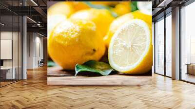 Fresh lemons. On wooden table. Wall mural