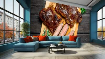 Grilled beef steak with herbs and spices. Wall mural