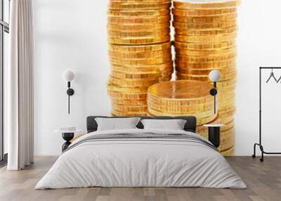 Heap of gold coins. On a white background. Wall mural