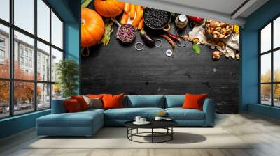 Organic food. Fresh vegetables with mushrooms and black beans. Wall mural