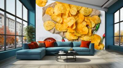 Potato chips with different sauces. Wall mural