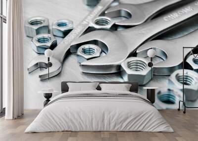 Wrenches and nuts on metal background. Wall mural