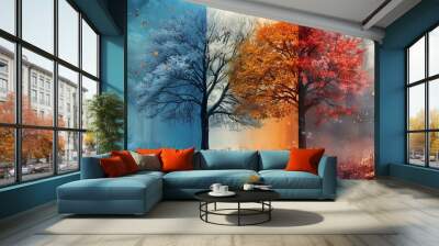 Show the transformation of a single element, like a tree or flower, through the four seasons, highlighting the changes in color, texture, and form Wall mural