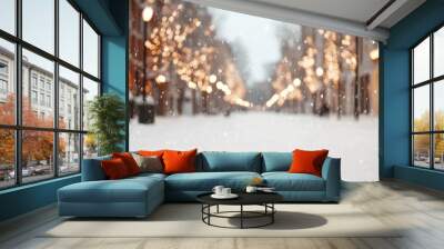 Snowy winter street with glowing string lights and falling snowflakes Wall mural