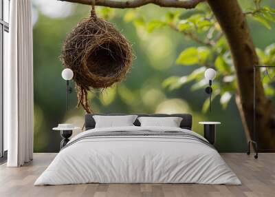 Teardrop shaped bird nest hanging from tree branch Wall mural