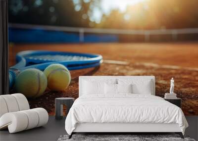 Tennis court panorama background with blue racket and two tennis balls ready to play match on outdoor courts summer sport lifestyle Wall mural