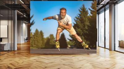 The old man rollerblading on the road Wall mural