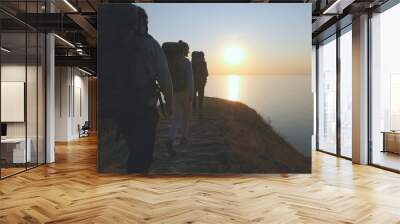 The tourists with backpacks walking on the mountain landscape near the sea Wall mural