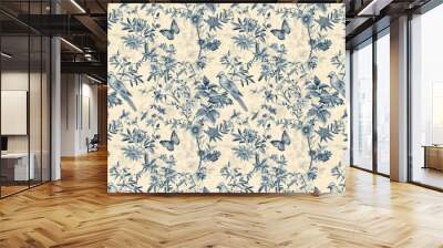 Toile floral pattern tapestry. Vintage botanical wallpaper pattern. Background image. Created with Generative AI technology Wall mural