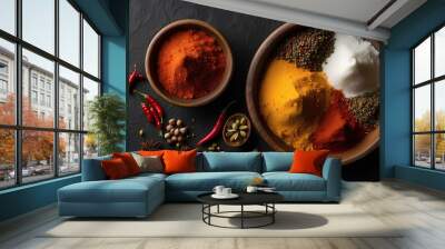 Top View of Cooking Ingredients with Vibrant Spices and Salsa – Culinary Art Photography Wall mural