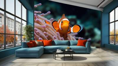 Tropical sea corals and clown fish (Amphiprion percula). Generative AI Wall mural