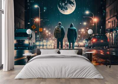 two guys are walking through the night city above them is a huge moon Wall mural