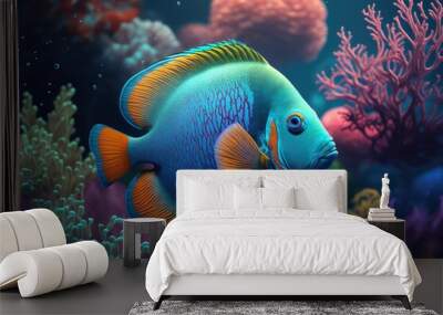 Underwater world. Coral reef and tropical fish sea background. Generative AI Illustration Wall mural