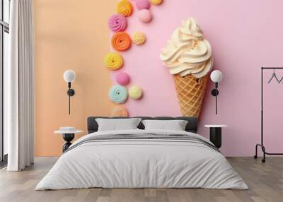 Vanilla frozen yogurt or soft ice cream in waffle cone flat lay on colored paper. Generative AI Wall mural