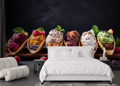 Various sweet taco ice creams. Waffle taco shells with chocolate and vanilla flavour ice cream with different fruits, berry. Generative AI Wall mural