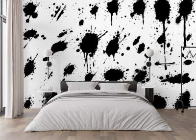 Vector set of ink splashes. Black inked splatter dirt stain splattered spray splash with drops blots isolated. Wall mural