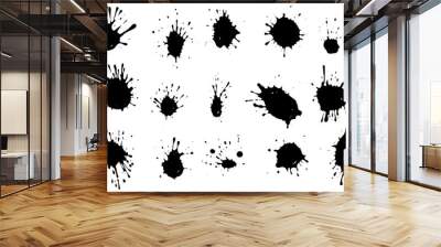 Vector set of ink splashes. Black inked splatter dirt stain splattered spray splash with drops blots isolated. Wall mural