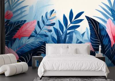 Vibrant blue and pink foliage in a stylized design Wall mural