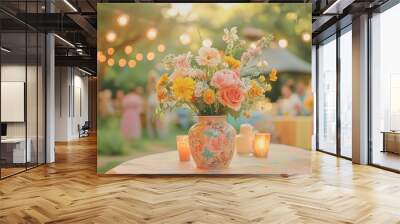 Vibrant floral centerpiece at outdoor garden party with soft ambient lighting Wall mural