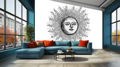 Vintage Celestial Face: Engraved Retro Vector Illustration of Sun and Moon. Wall mural