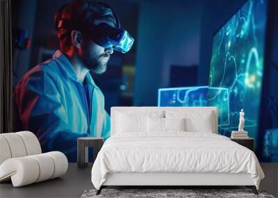 Virtual reality science doctor in metaverse researching and working on futuristic 3d digital screen. Future, innovation and researcher in vr headset busy in a laboratory with medical ai. Generative AI Wall mural