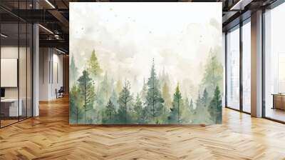 Watercolor background drawn landscape of foggy forest, winter hill. Wall mural