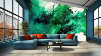 Watercolor dark green background. Splashes on white backdrop. Ai generated Wall mural