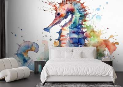 Watercolor seahorse illustration on white background Wall mural