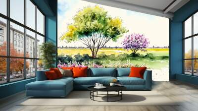 Watercolor spring landscape painting. Trees, flowers and meadow. Ai generated Wall mural