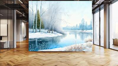 Watercolor winter landscape painting. Sunny day, trees, lake. Ai generated Wall mural