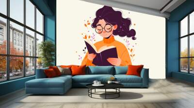 Young girl reading a book. Modern vector flat illustration. Young student with open book studying for exam. Love to read. Wall mural