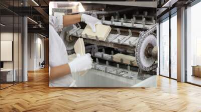 Close-up of the hands of an employee of a factory for the production of semi-finished products that prepare puff pastry for freezing. Wall mural