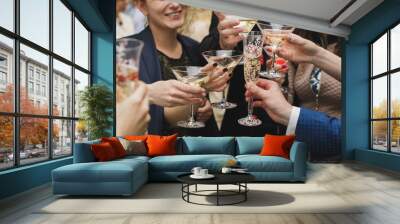 Hands holding glasses and toasting, happy festive moment, luxury Wall mural