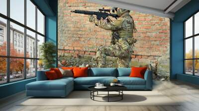 Infantry soldier shooting during military combat training. Wall mural