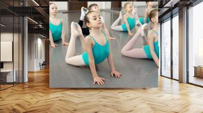 Little girls dancing ballet in studio. Young ballerinas stretching before performance, classical dance school Wall mural