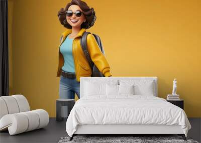 cute 3d illustration of female traveler with suitcase. tourist with baggage on yellow background Wall mural