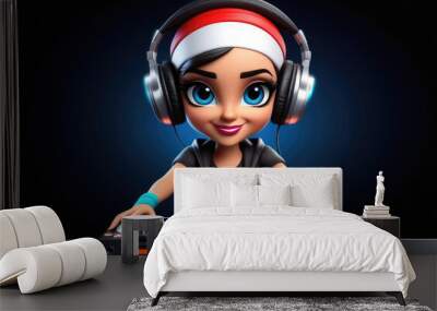 disc jockey girl in santa hat mixing songs, 3d illustration. Christmas dj party on dark background Wall mural