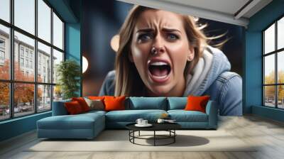 upset Caucasian woman screaming, crying in pain. shock and emotional breakdown, depression. Wall mural