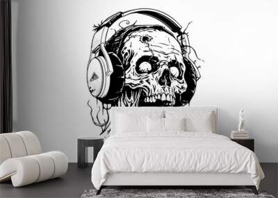 Zombie head on headphones ink sketch. Walking dead hand drawing vector illustration. Wall mural