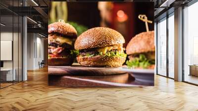 Three juicy tasty burger on the white plate on a dark background Wall mural