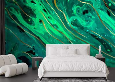 Green marble and gold abstract background texture. Abstract marbling with natural luxury style lines of marble and gold powder. Vector Wall mural