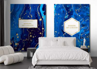 Magic blue cards with sparkling glitter and gold lines. Mystical vector wedding invitation. Gold confetti and marble navy background. Golden scattered dust. Wall mural