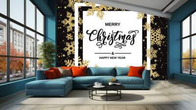 Merry Christmas handwriting script lettering. Christmas greeting  with gold snowflakes on black background. Vector illustration Wall mural