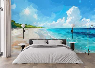 A sandy beach with turquoise waters and a clear blue summer sky Wall mural