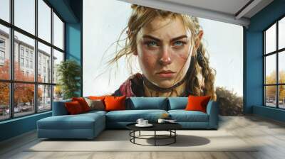 Young Viking maiden, fierce and resolute, on white backdrop Wall mural