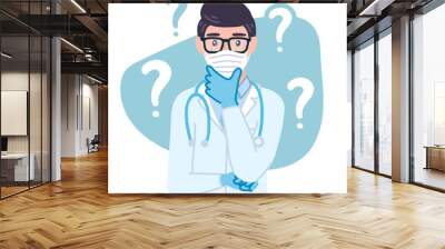 Thinking Doctor. Medical male personage with a curious expression, confused, wonder. Wall mural