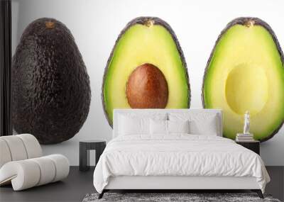 isolated avocados. whole black avocado fruit, half with seed and a half without isolated on white ba Wall mural