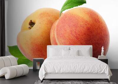 Peach isolated. Two whole peach fruits with leaves isolated on white with clipping path-2 Wall mural