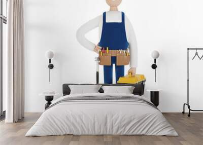 A builder with a hard hat and a toolbox. Construction worker. 3D illustration in cartoon style. Wall mural